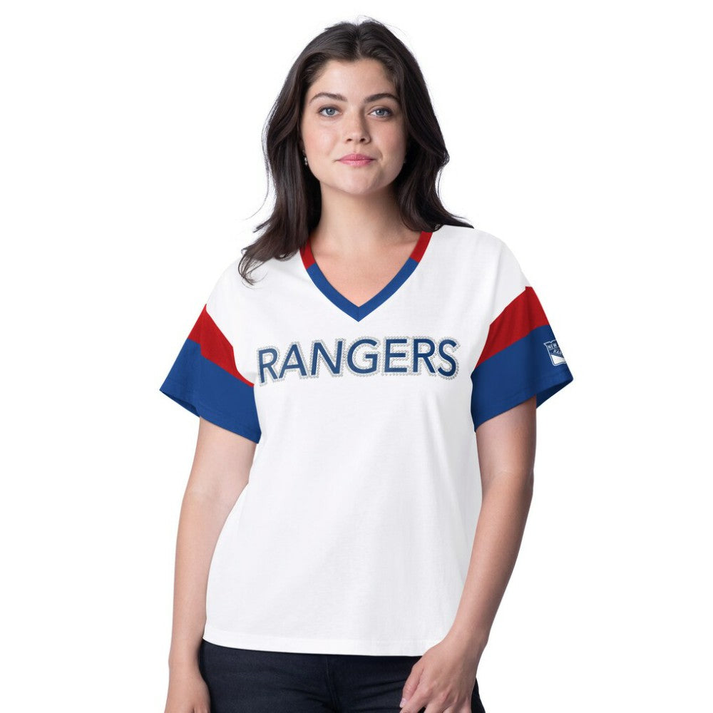 New York Rangers G-III 4Her by Carl Banks Women's Rink Oversized Rhinestone V-Neck T-Shirt - White | NHL Clearance