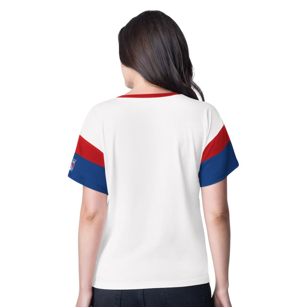 New York Rangers G-III 4Her by Carl Banks Women's Rink Oversized Rhinestone V-Neck T-Shirt - White | NHL Clearance