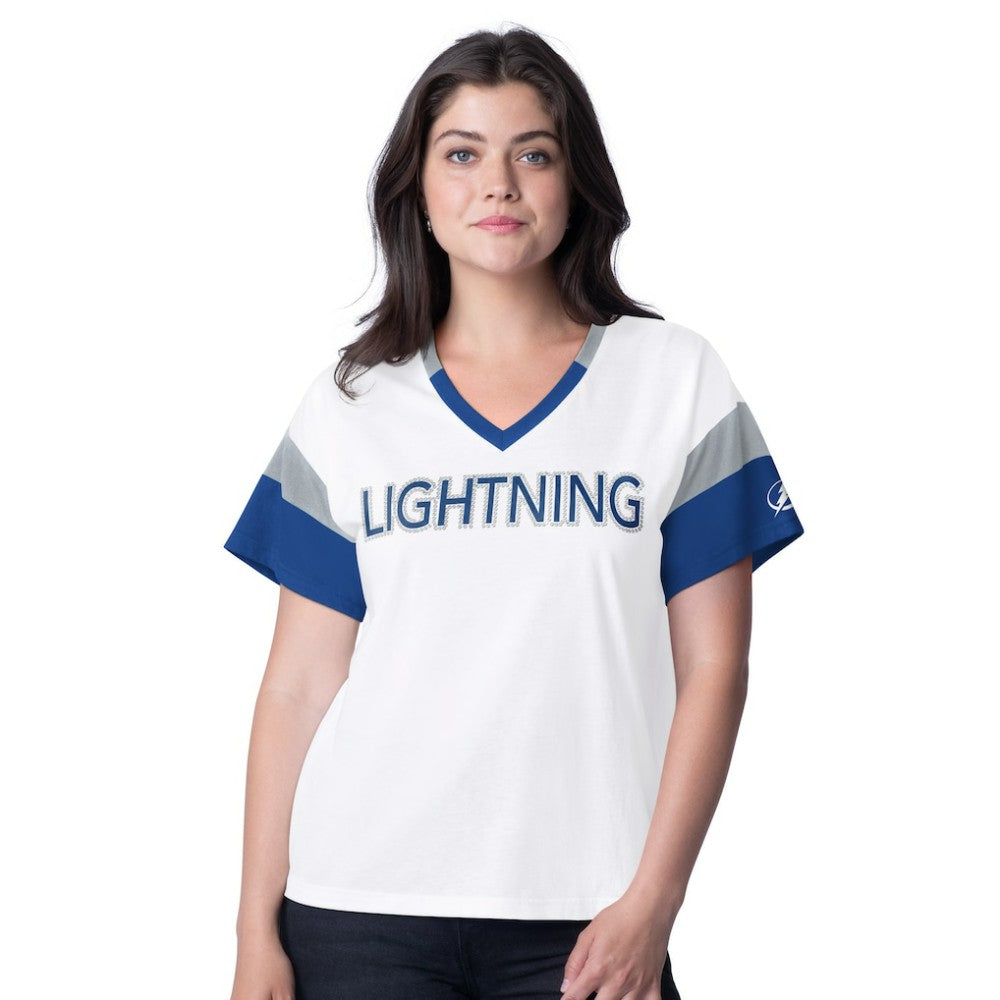 Tampa Bay Lightning G-III 4Her by Carl Banks Women's Rink Oversized Rhinestone V-Neck T-Shirt - White | NHL on sale