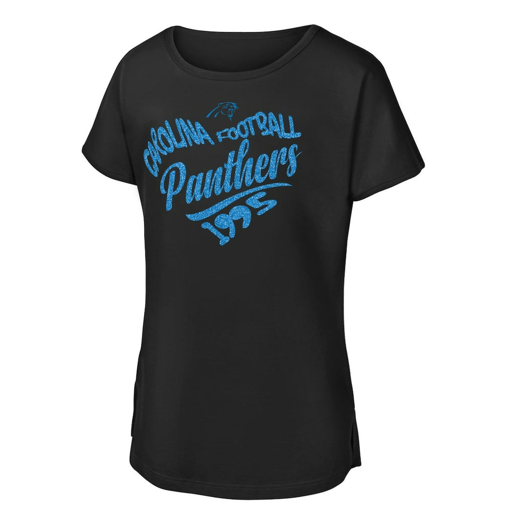 Carolina Panthers Girls Youth Script Heart Dolman T-Shirt - Black - NFL