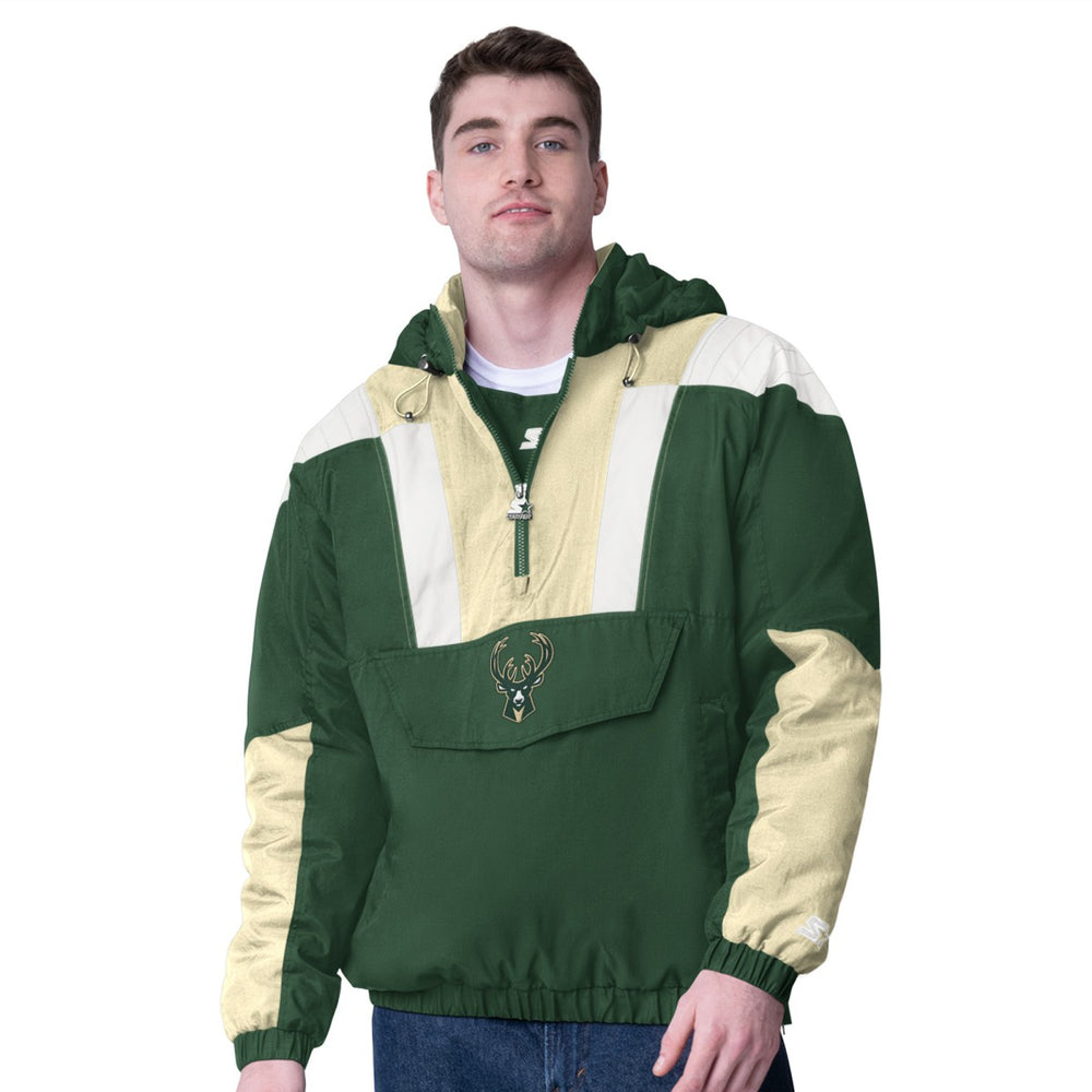 Milwaukee Bucks Starter Charger Half-Zip Pullover Jacket- Hunter Green/Cream