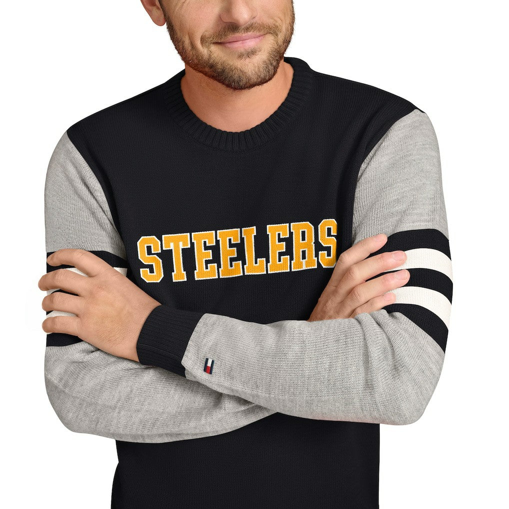 Pittsburgh Steelers Tommy Hilfiger Acrylic Crewneck Pullover Sweater - Black/Heather Gray - NFL
