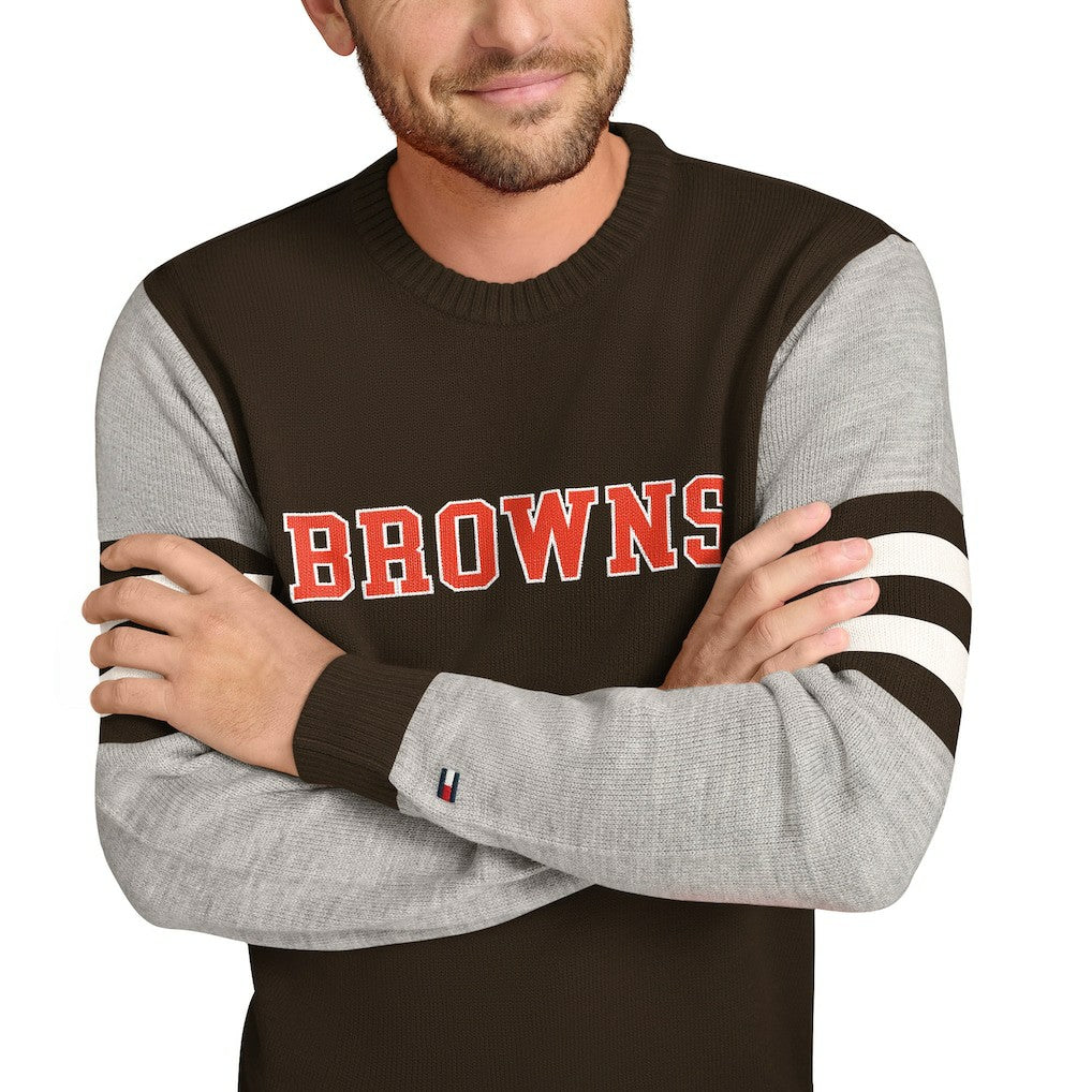 Cleveland Browns Tommy Hilfiger Acrylic Crewneck Pullover Sweater - Brown/Heather Gray - NFL