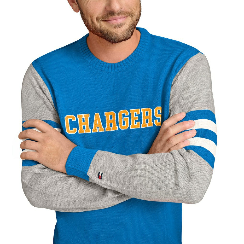 Los Angeles Chargers Tommy Hilfiger Acrylic Crewneck Pullover Sweater - Powder Blue/Heather Gray - NFL