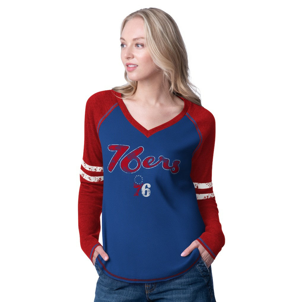 Philadelphia 76ers G-III 4Her by Carl Banks Women's Winner Waffle Knit Thermal Long Sleeve Tri-Blend T-Shirt Royal/Red