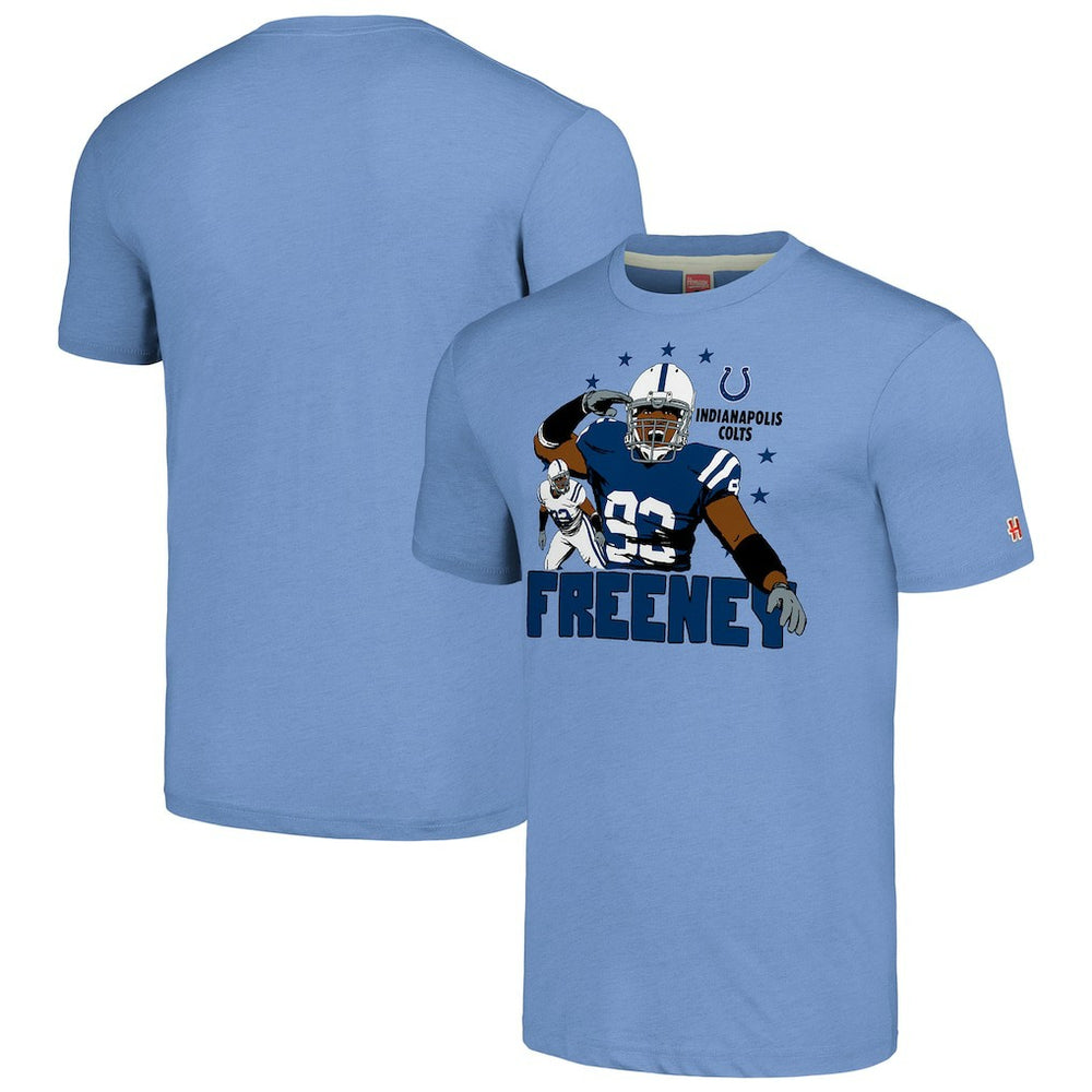 Dwight Freeney Indianapolis Colts Homage Unisex Caricature Retired Player Tri-Blend T-Shirt - Light Blue - NFL