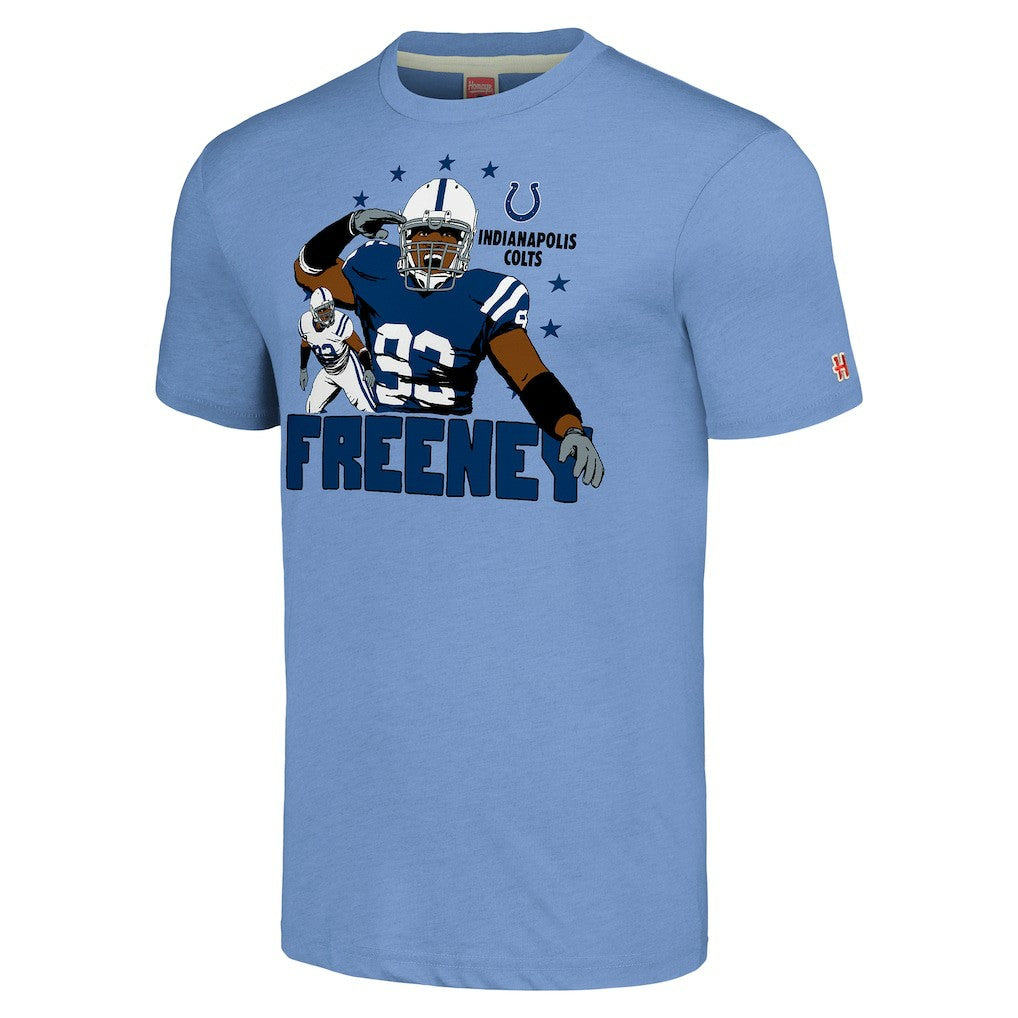 Dwight Freeney Indianapolis Colts Homage Unisex Caricature Retired Player Tri-Blend T-Shirt - Light Blue - NFL