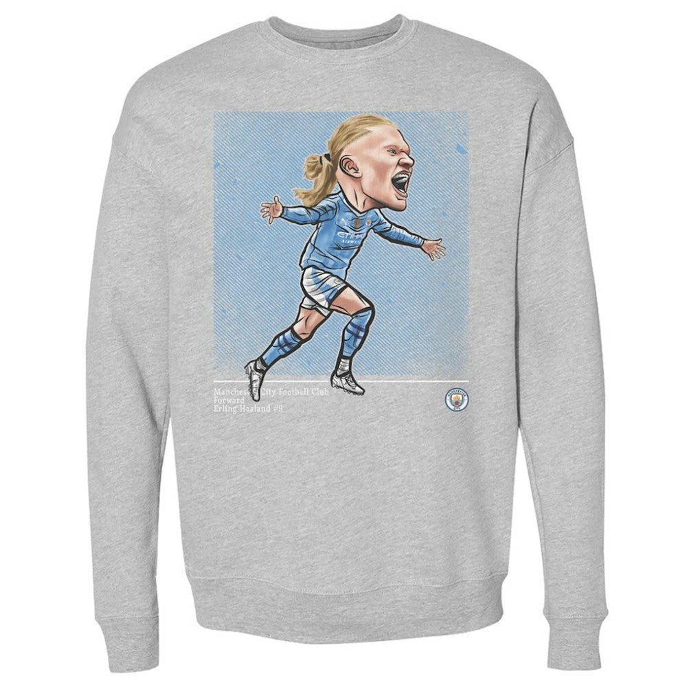 Erling Haaland Manchester City 500 Level Cartoon Player Pullover Crewneck Sweatshirt Heather Gray