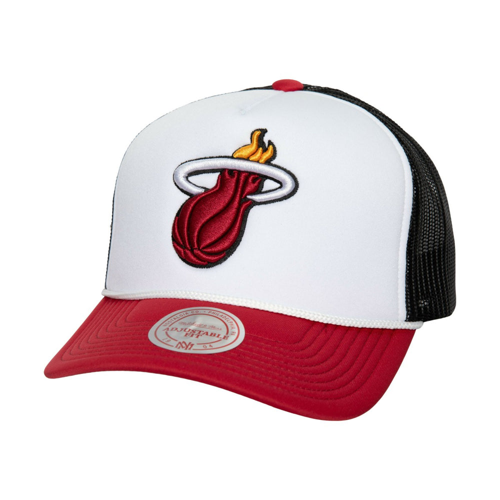 Mitchell & Ness Miami Heat Hardwood Classics Blocker Foam Front Trucker Adjustable Hat White