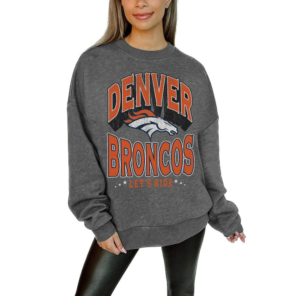 Denver Broncos Gameday Couture Women's Oversized Long Weekend Premium Fleece Drop Shoulder Pullover Sweatshirt - Charcoal - NFL