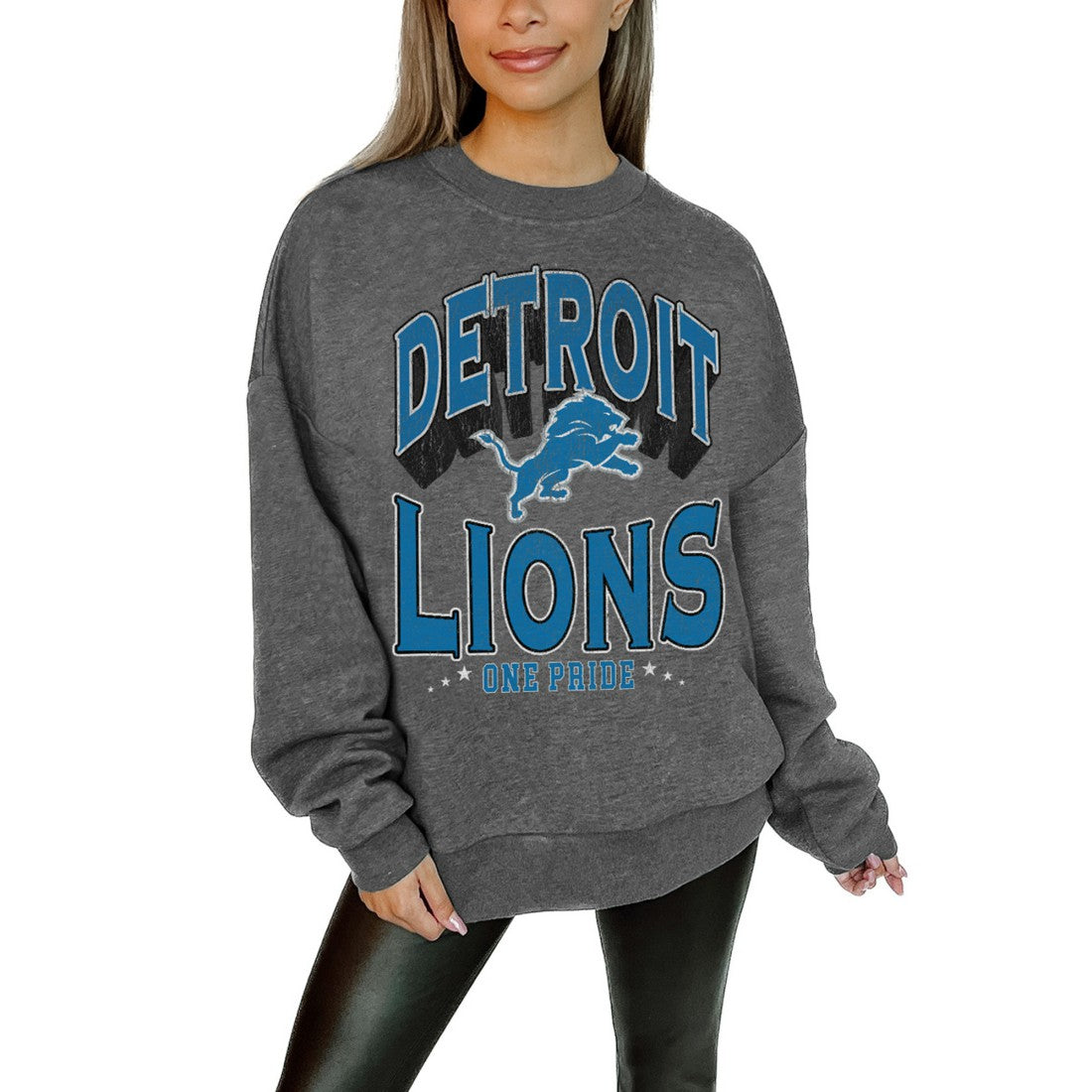 Detroit Lions Gameday Couture Women's Oversized Long Weekend Premium Fleece Drop Shoulder Pullover Sweatshirt - Charcoal - NFL