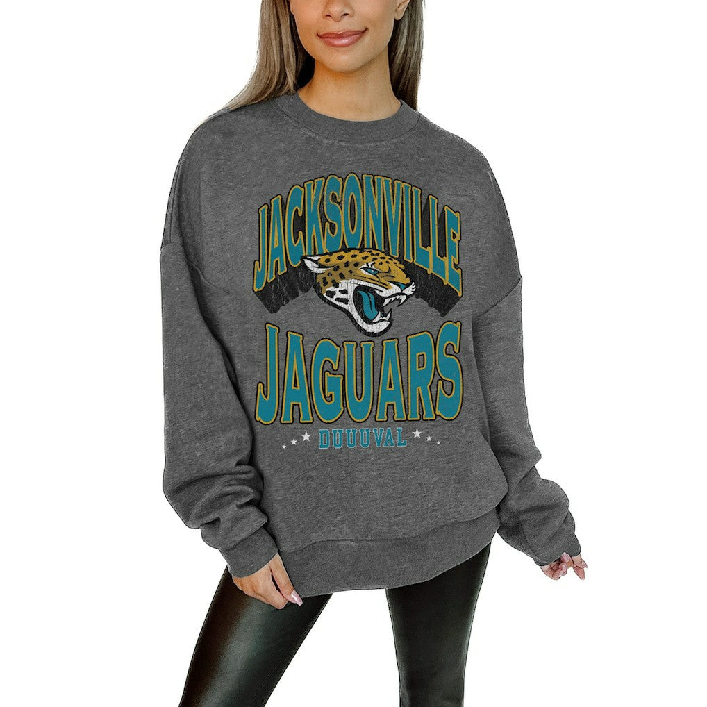 Jacksonville Jaguars Gameday Couture Women's Oversized Long Weekend Premium Fleece Drop Shoulder Pullover Sweatshirt - Charcoal - NFL