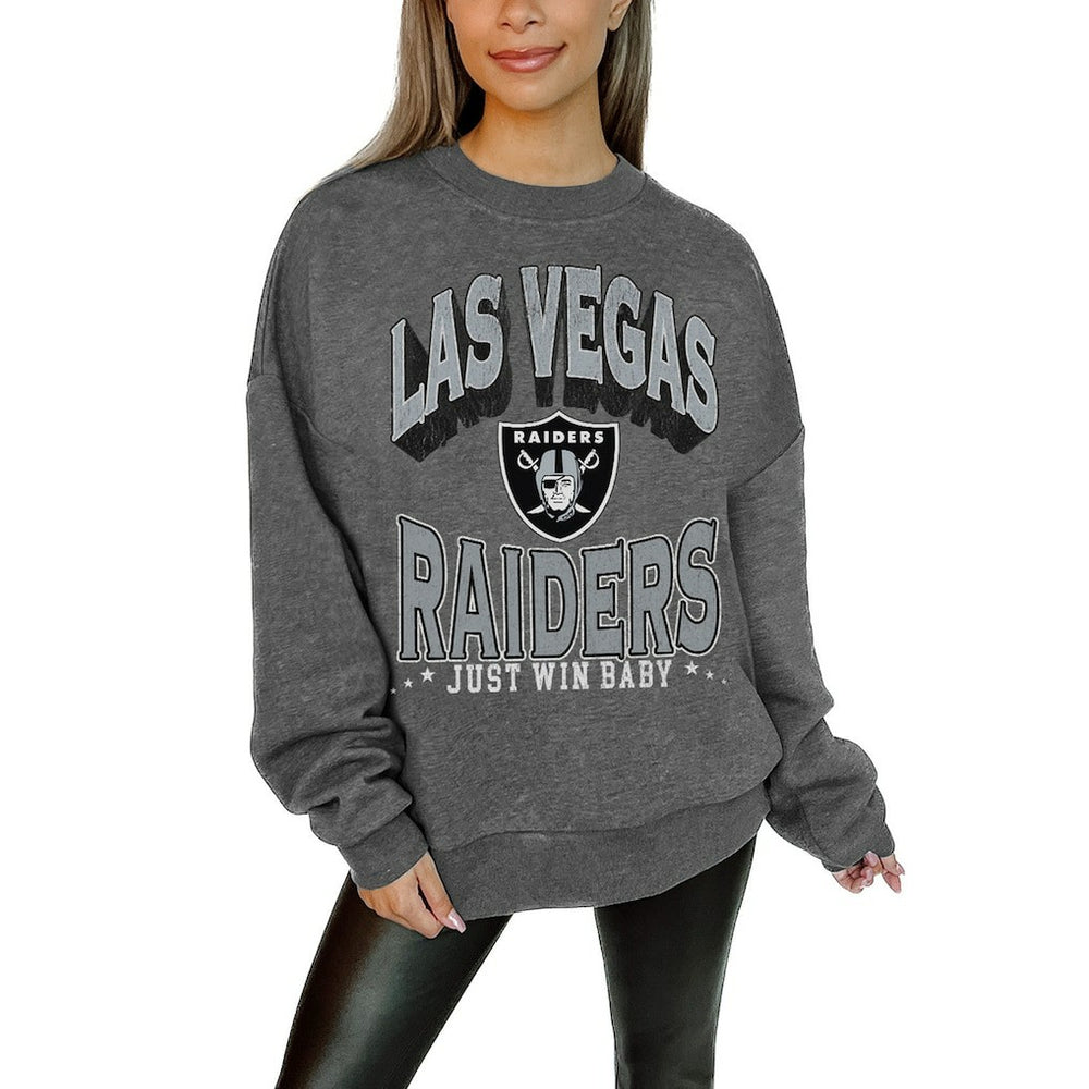 Las Vegas Raiders Gameday Couture Women's Oversized Long Weekend Premium Fleece Drop Shoulder Pullover Sweatshirt - Charcoal - NFL