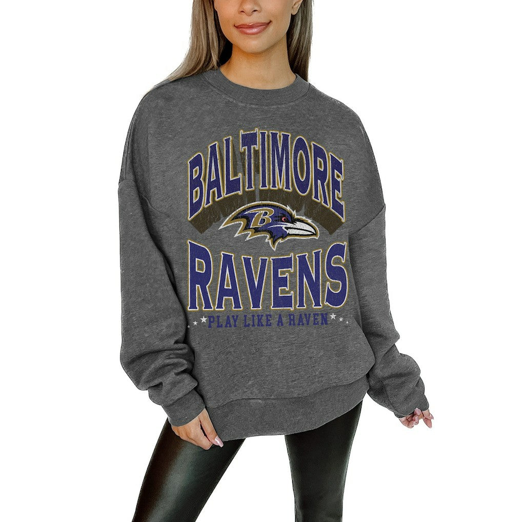 Baltimore Ravens Gameday Couture Women's Oversized Long Weekend Premium Fleece Drop Shoulder Pullover Sweatshirt - Charcoal - NFL