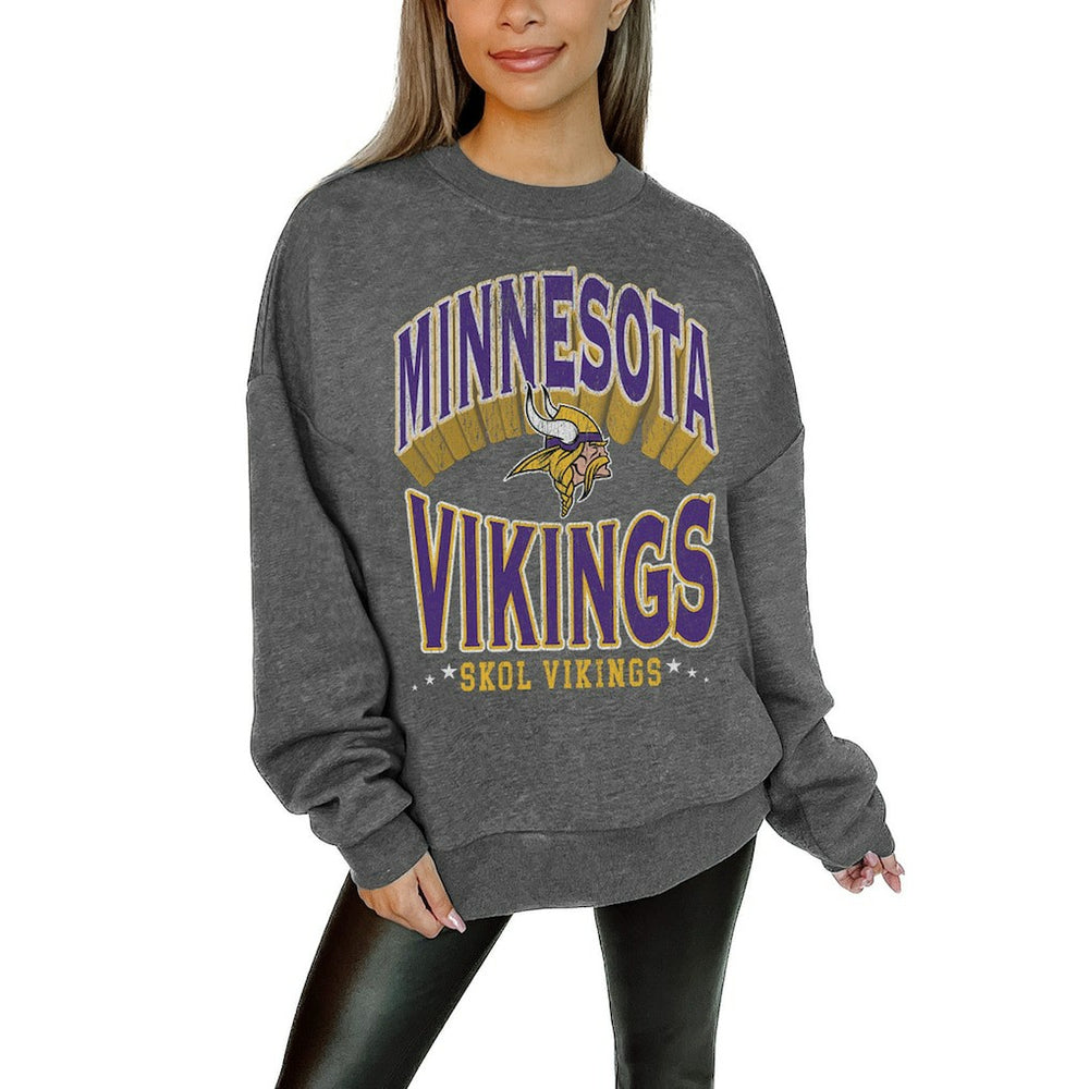 Minnesota Vikings Gameday Couture Women's Oversized Long Weekend Premium Fleece Drop Shoulder Pullover Sweatshirt - Charcoal - NFL