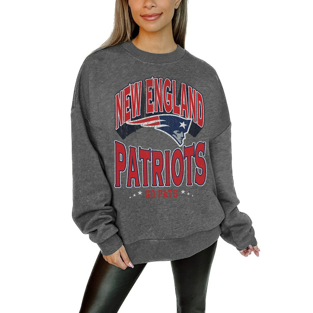 New England Patriots Gameday Couture Women's Oversized Long Weekend Premium Fleece Drop Shoulder Pullover Sweatshirt - Charcoal - NFL
