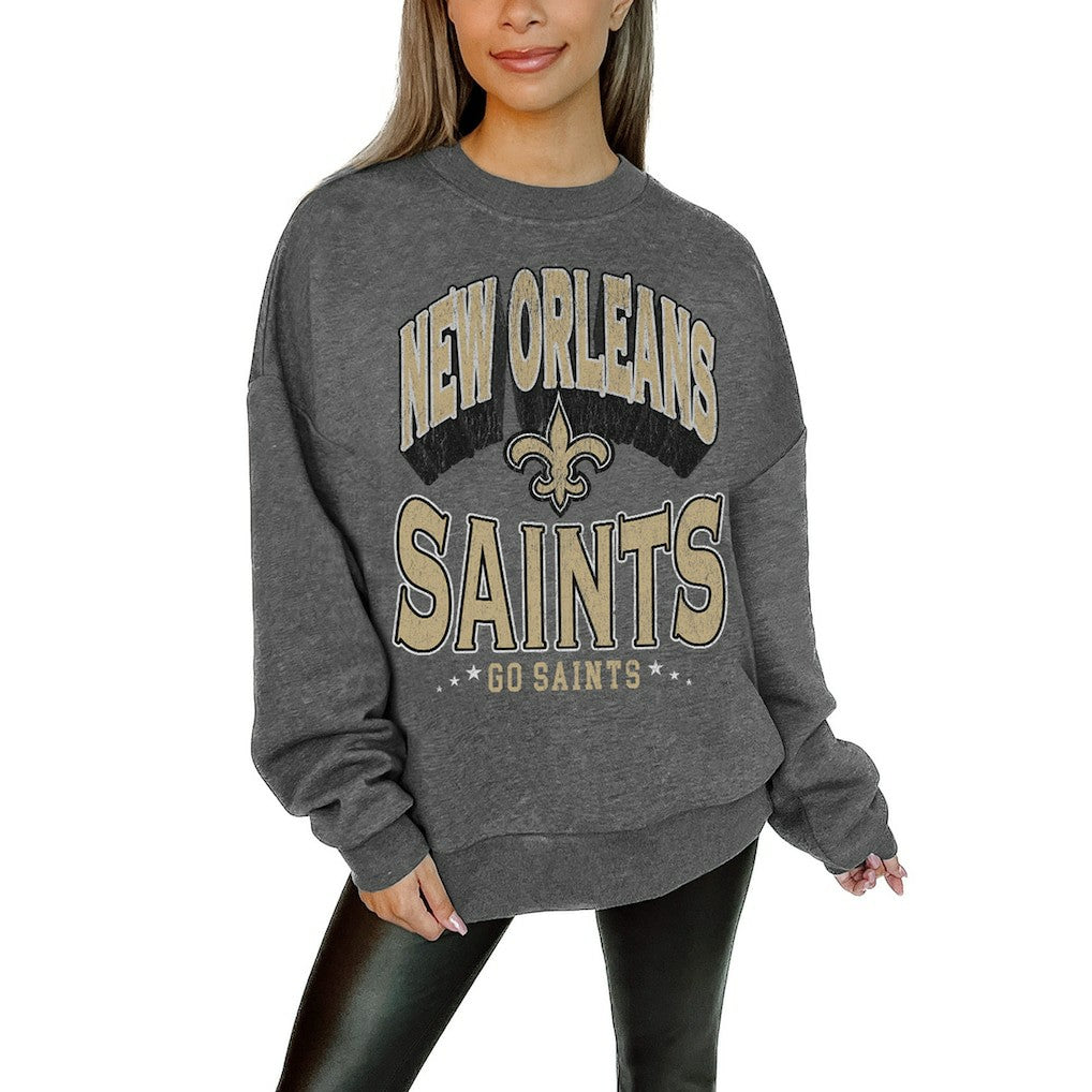 New Orleans Saints Gameday Couture Women's Oversized Long Weekend Premium Fleece Drop Shoulder Pullover Sweatshirt - Charcoal - NFL
