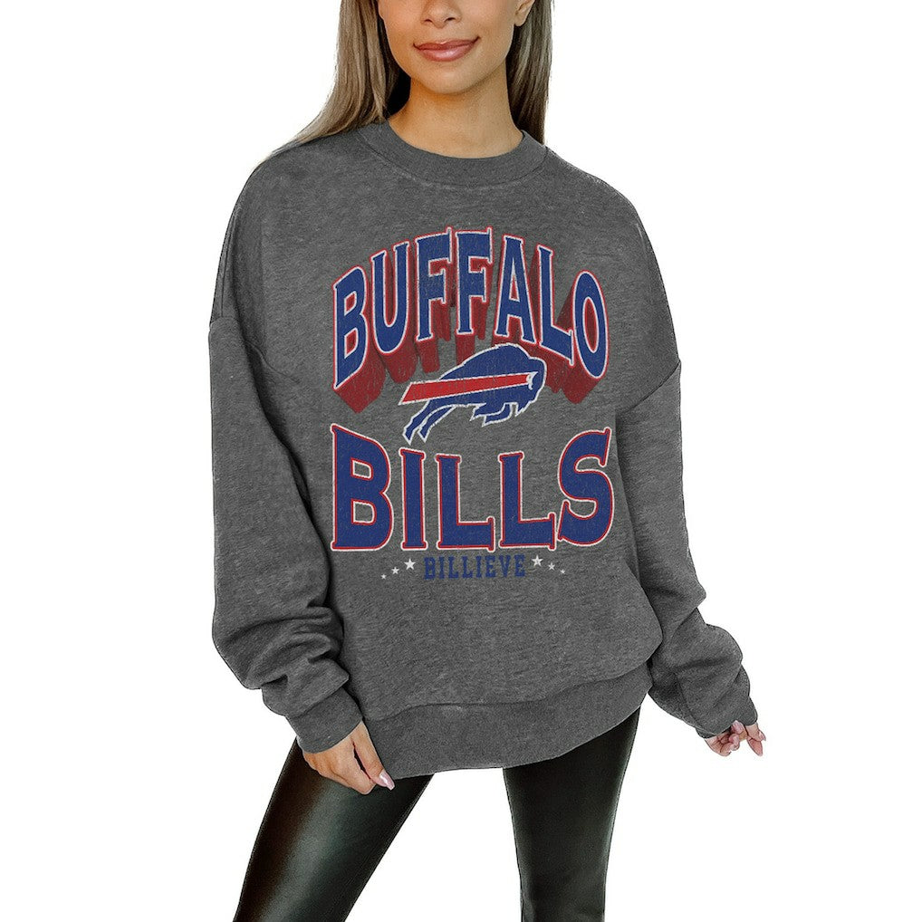Buffalo Bills Gameday Couture Women's Oversized Long Weekend Premium Fleece Drop Shoulder Pullover Sweatshirt - Charcoal - NFL