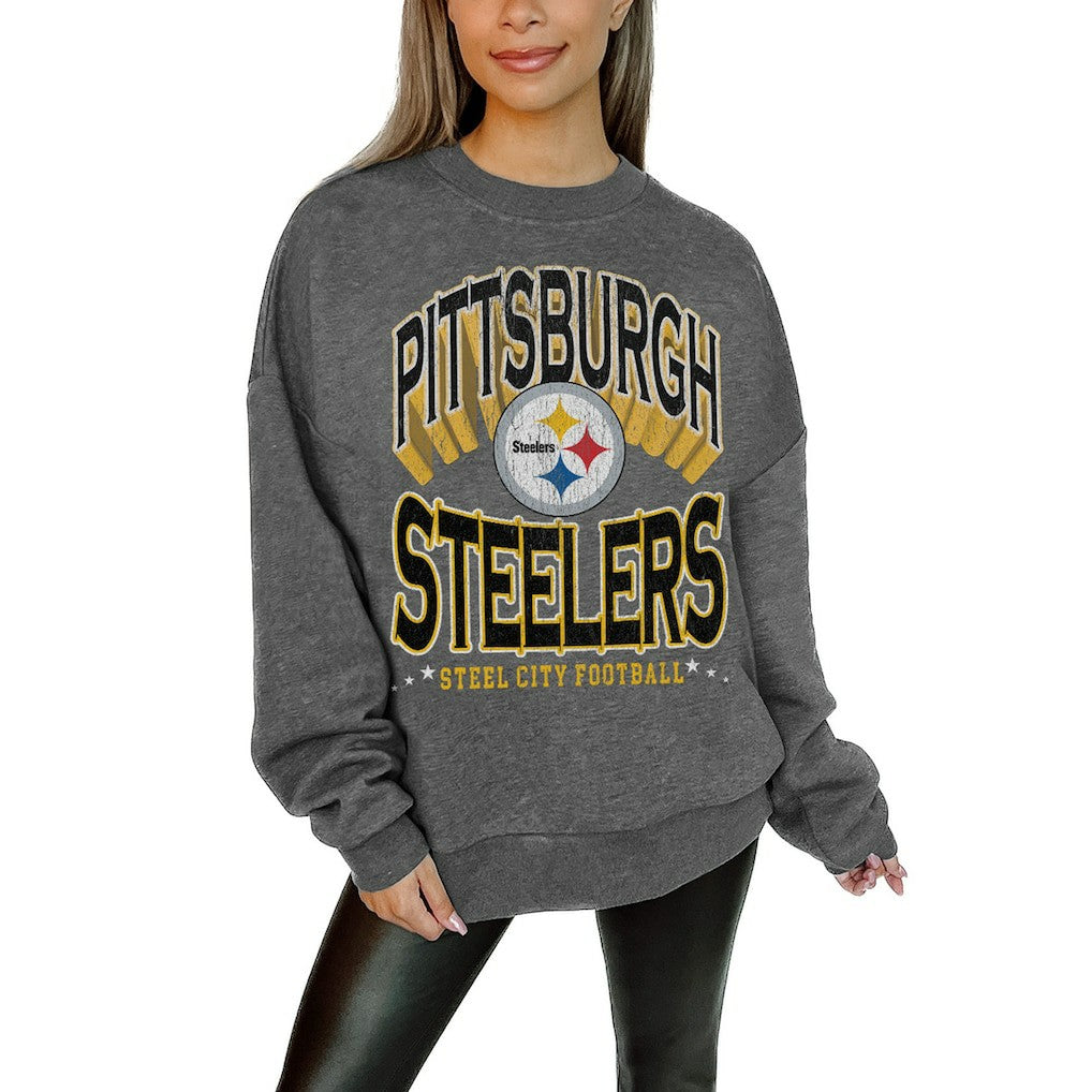Pittsburgh Steelers Gameday Couture Women's Oversized Long Weekend Premium Fleece Drop Shoulder Pullover Sweatshirt - Charcoal - NFL