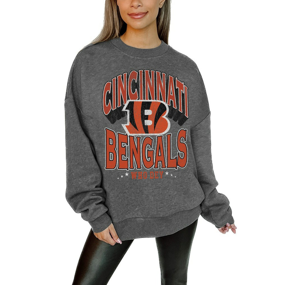 Cincinnati Bengals Gameday Couture Women's Oversized Long Weekend Premium Fleece Drop Shoulder Pullover Sweatshirt - Charcoal - NFL