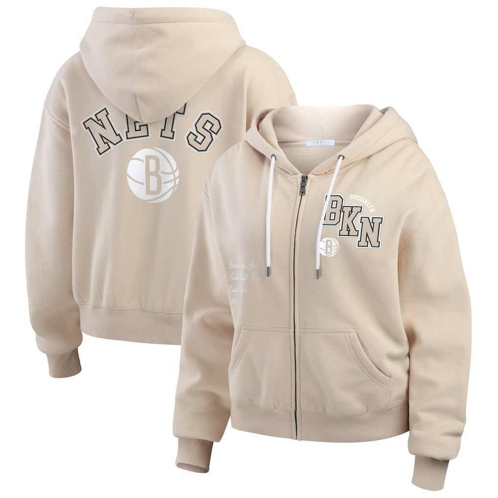 Brooklyn Nets WEAR by Erin Andrews Women's Tonal Felt Patch Full-Zip Hoodie Tan