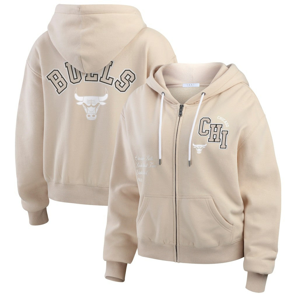 Chicago Bulls WEAR by Erin Andrews Women's Tonal Felt Patch Full-Zip Hoodie Tan