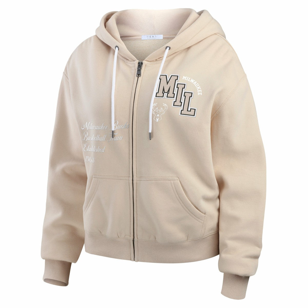 Milwaukee Bucks WEAR by Erin Andrews Women's Plus Size Tonal Felt Patch Full-Zip Hoodie Cream
