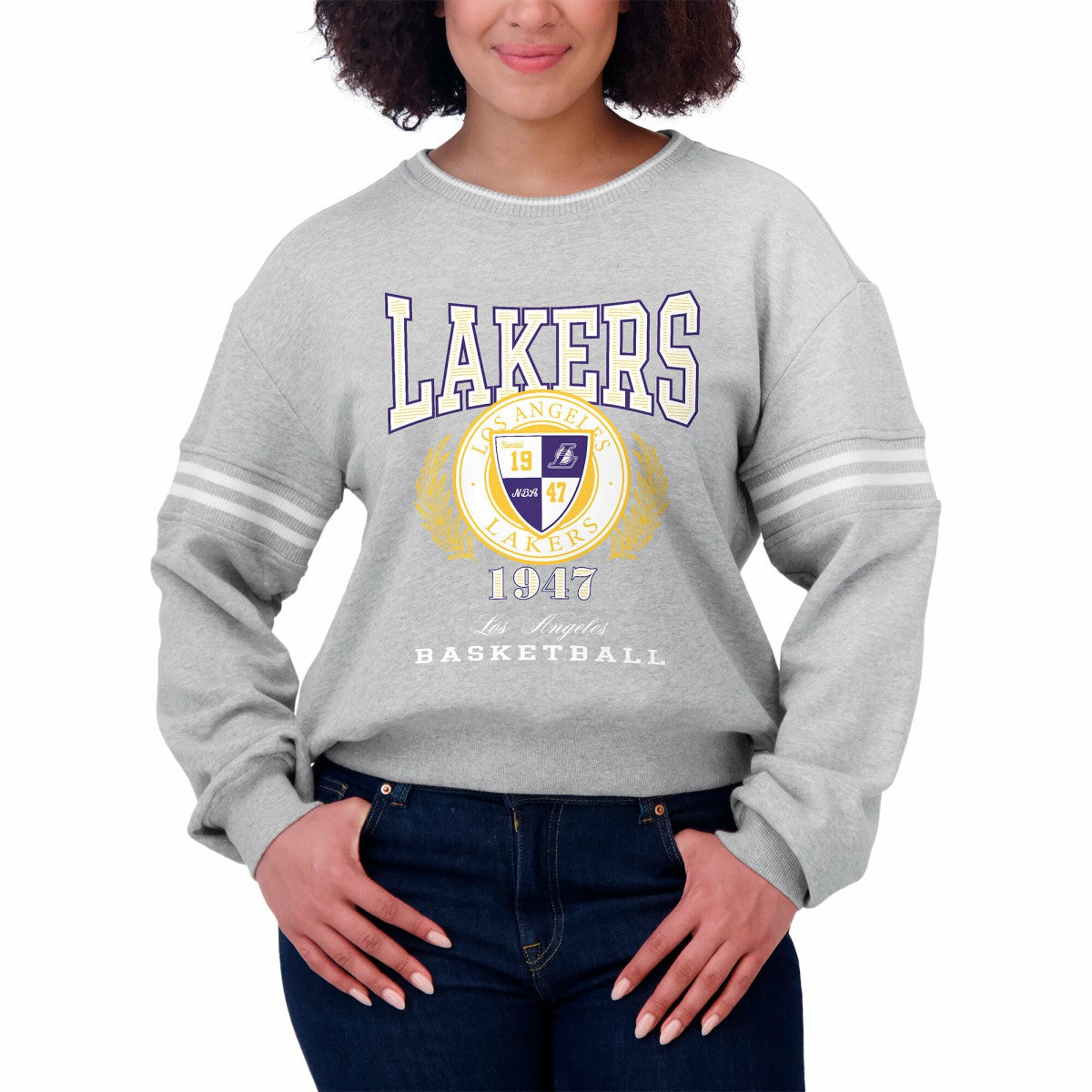Los Angeles Lakers WEAR by Erin Andrews Women's French Terry Pullover Sweatshirt Heather Gray