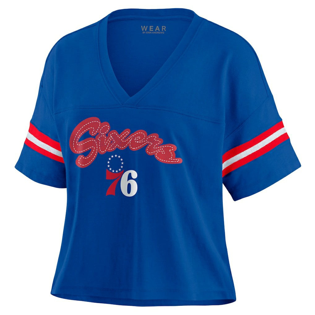 Philadelphia 76ers WEAR by Erin Andrews Women's Color Block Boxy V-Neck T-Shirt Royal