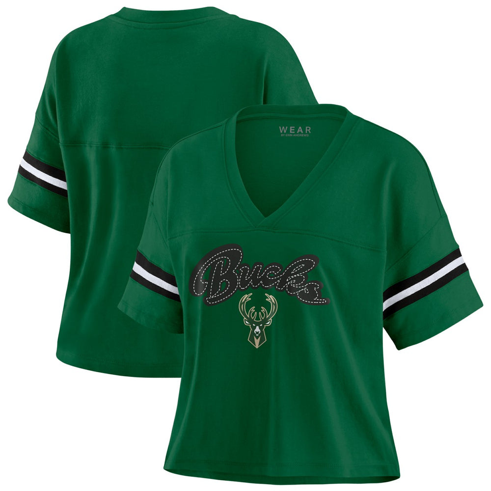 Milwaukee Bucks WEAR by Erin Andrews Women's Color Block Boxy V-Neck T-Shirt Hunter Green