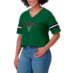 Milwaukee Bucks WEAR by Erin Andrews Women's Color Block Boxy V-Neck T-Shirt Hunter Green