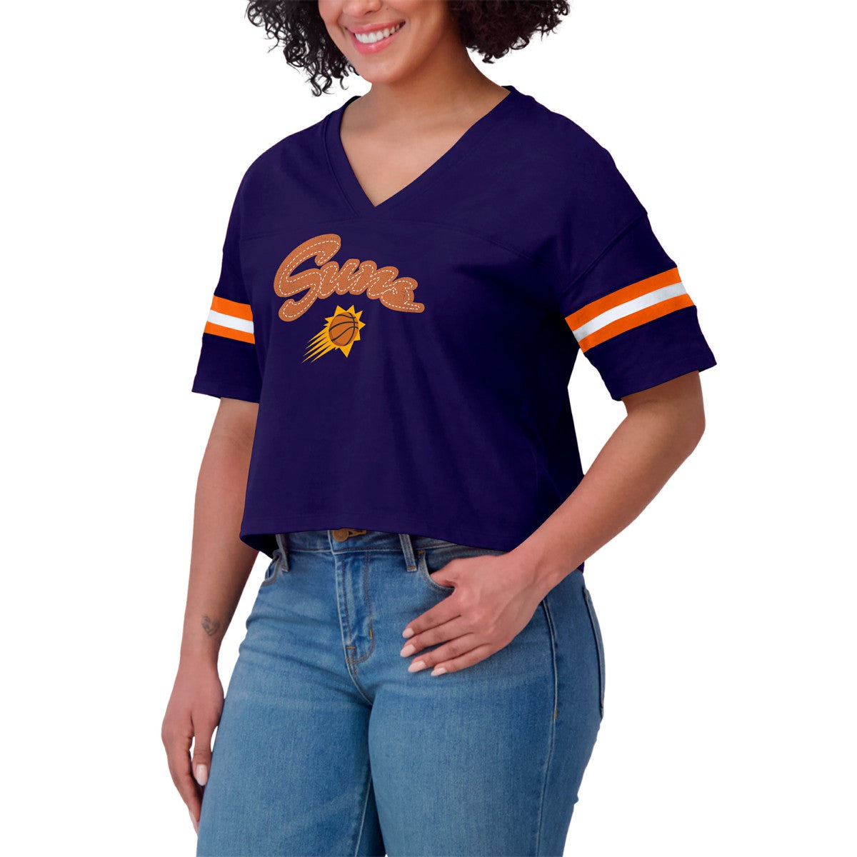 Phoenix Suns WEAR by Erin Andrews Women's Plus Size Color Block Boxy V-Neck T-Shirt Purple