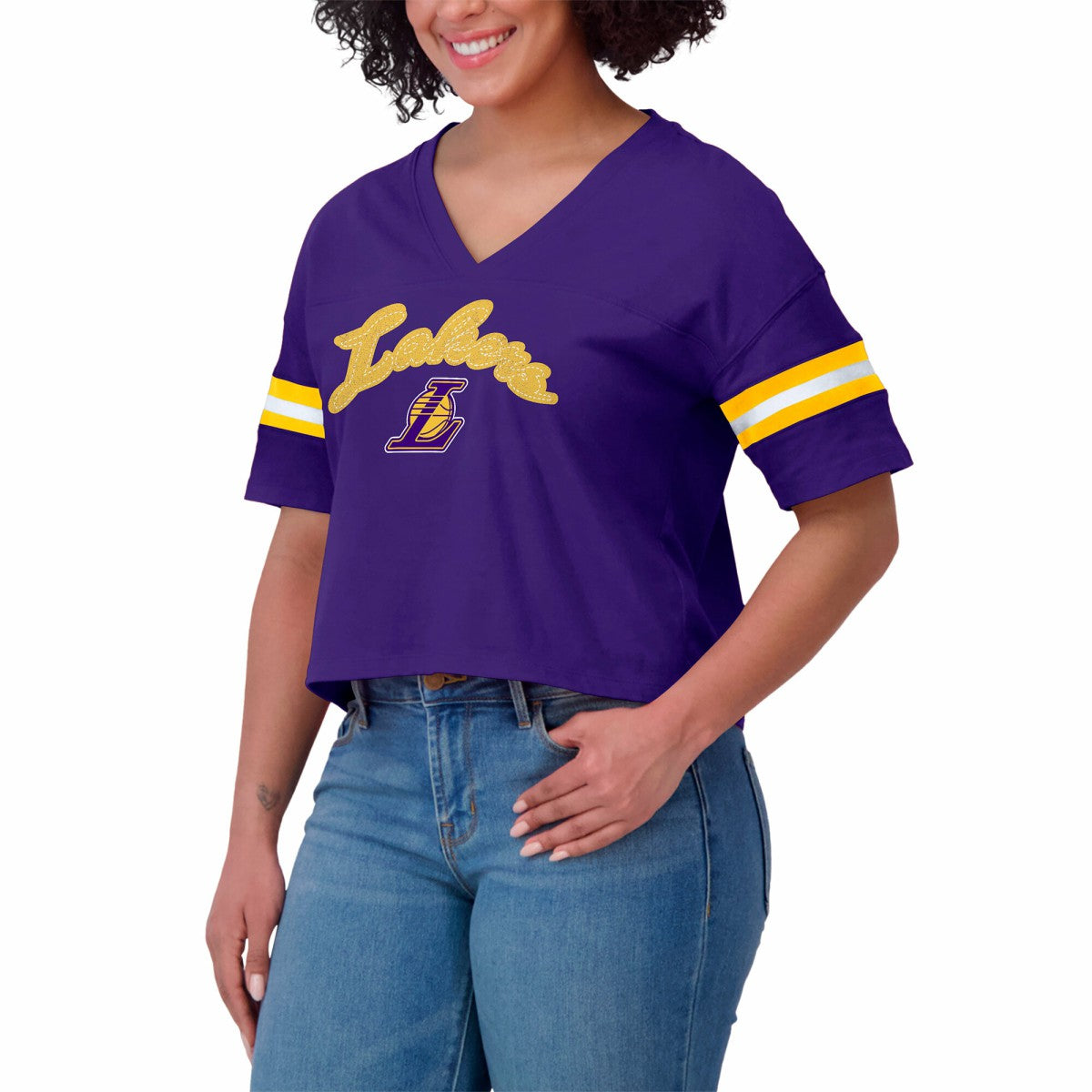 Los Angeles Lakers WEAR by Erin Andrews Women's Plus Size Color Block Boxy V-Neck T-Shirt Purple