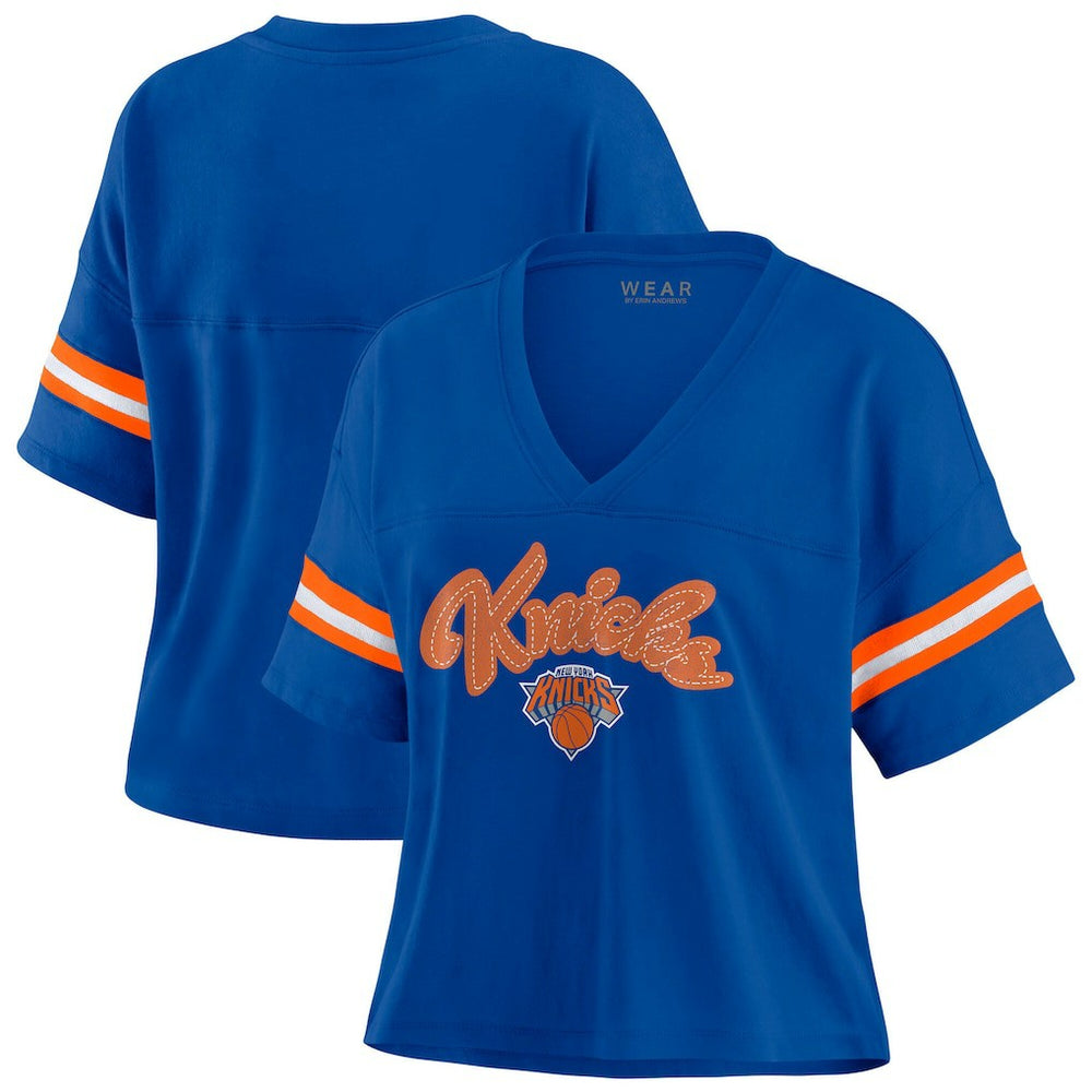 New York Knicks WEAR by Erin Andrews Women's Plus Size Color Block Boxy V-Neck T-Shirt Blue