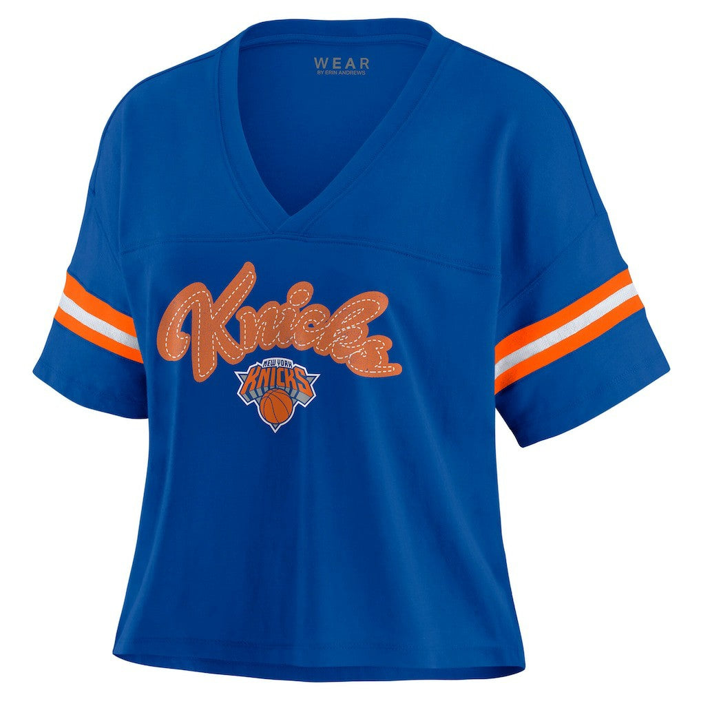 New York Knicks WEAR by Erin Andrews Women's Plus Size Color Block Boxy V-Neck T-Shirt Blue