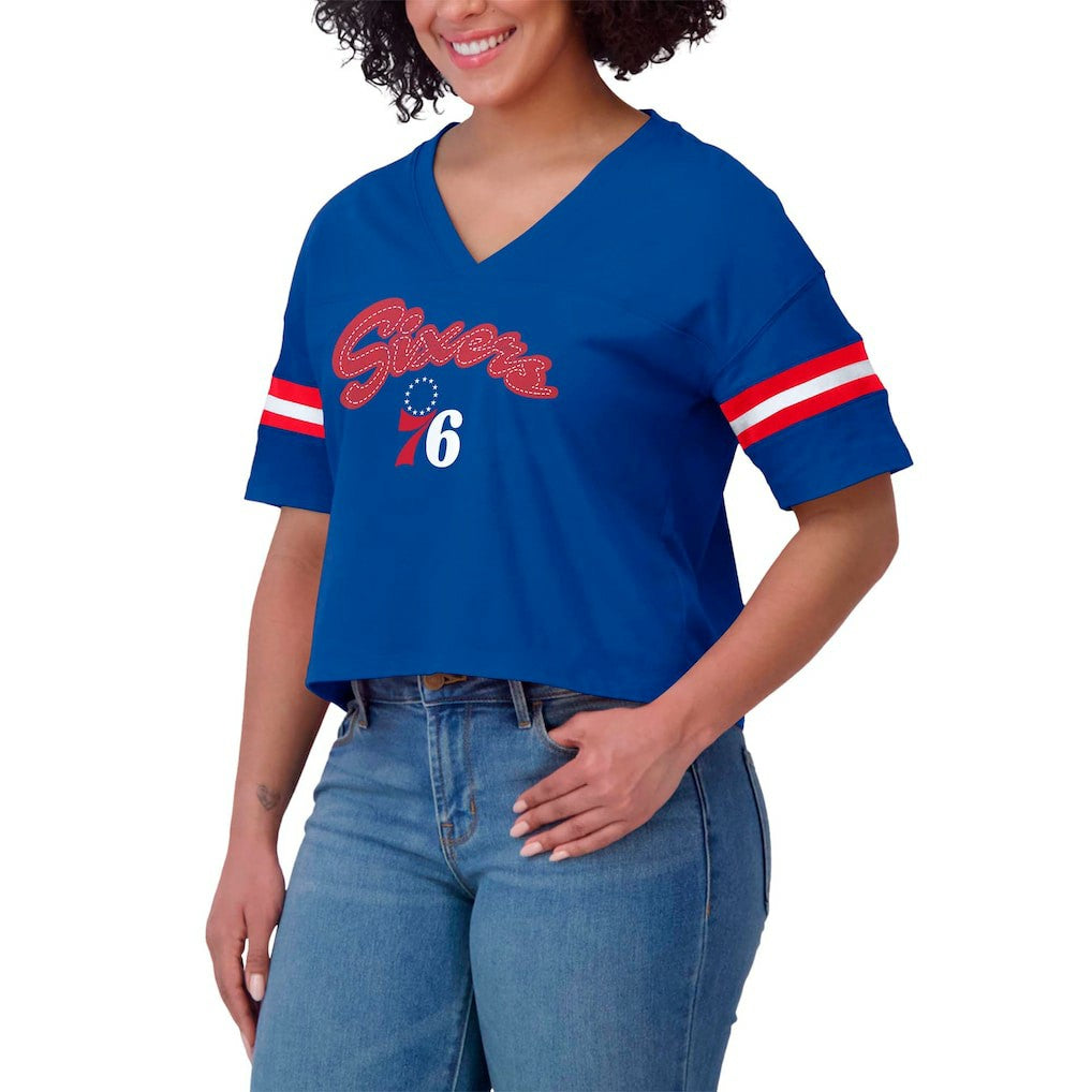 Philadelphia 76ers WEAR by Erin Andrews Women's Plus Size Color Block Boxy V-Neck T-Shirt Royal