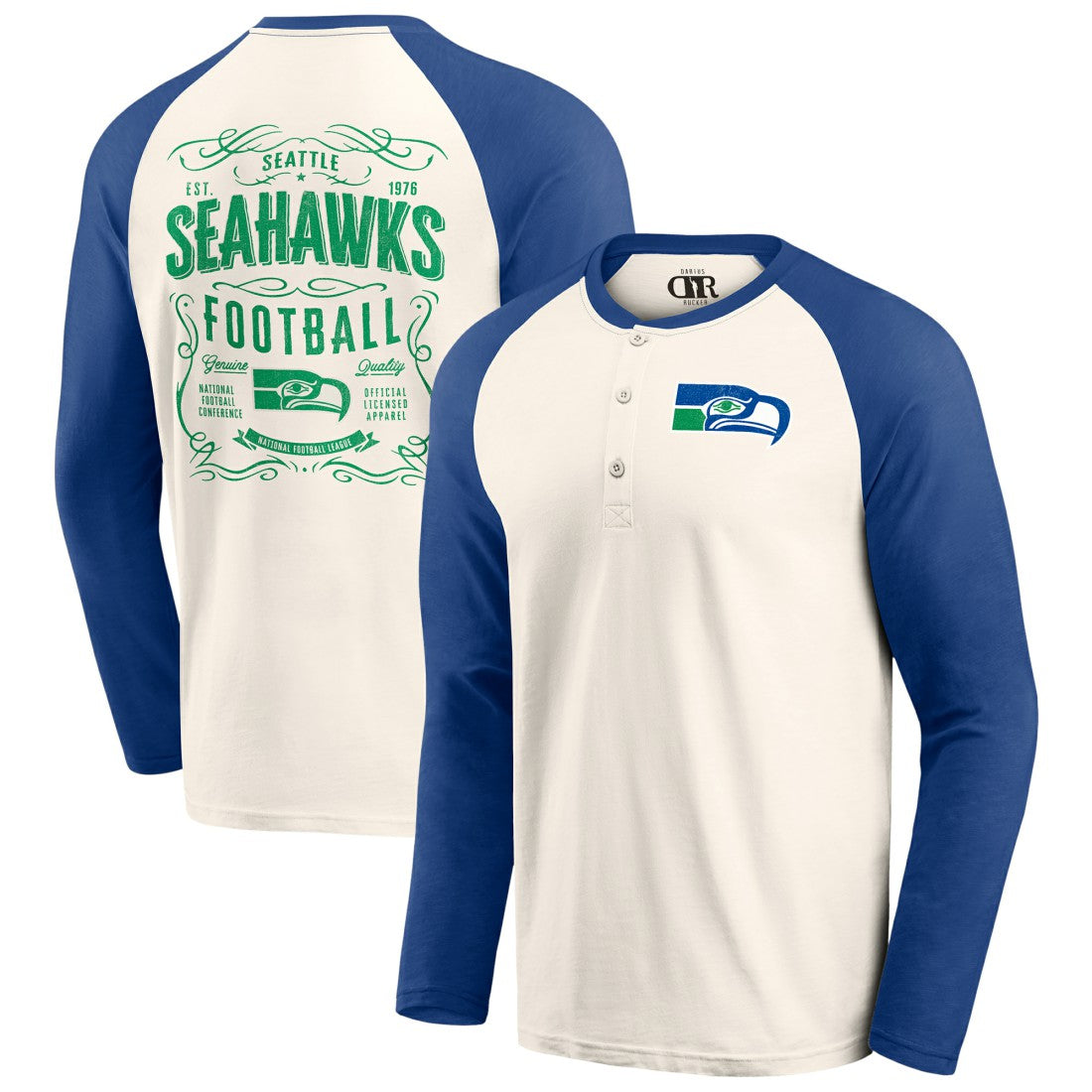 Seattle Seahawks Darius Rucker Collection Raglan Henley Long Sleeve T-Shirt - Cream/Royal - Fanatics