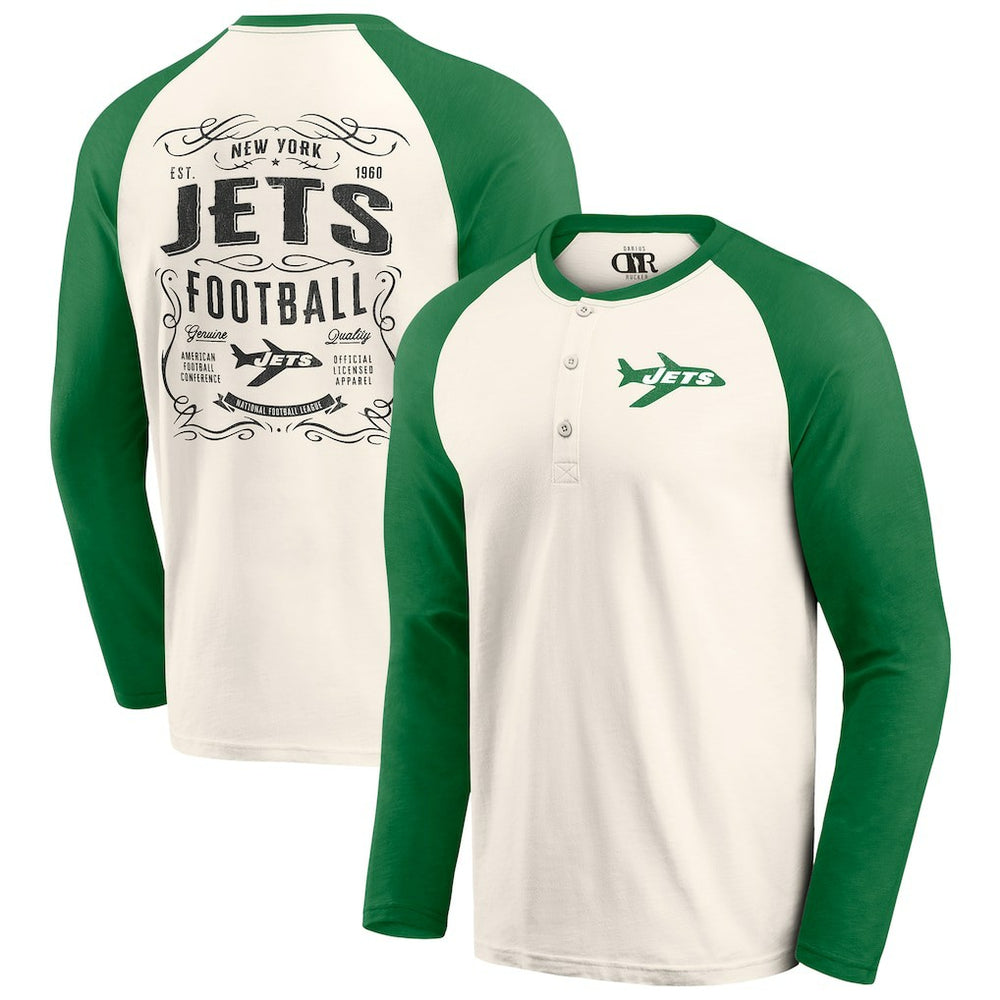 New York Jets Darius Rucker Collection Raglan Henley Long Sleeve T-Shirt - Cream/Green - Fanatics