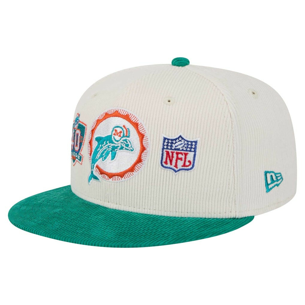 Miami Dolphins New Era Throwback Corduroy 59FIFTY Fitted Hat - Cream/Aqua - NFL