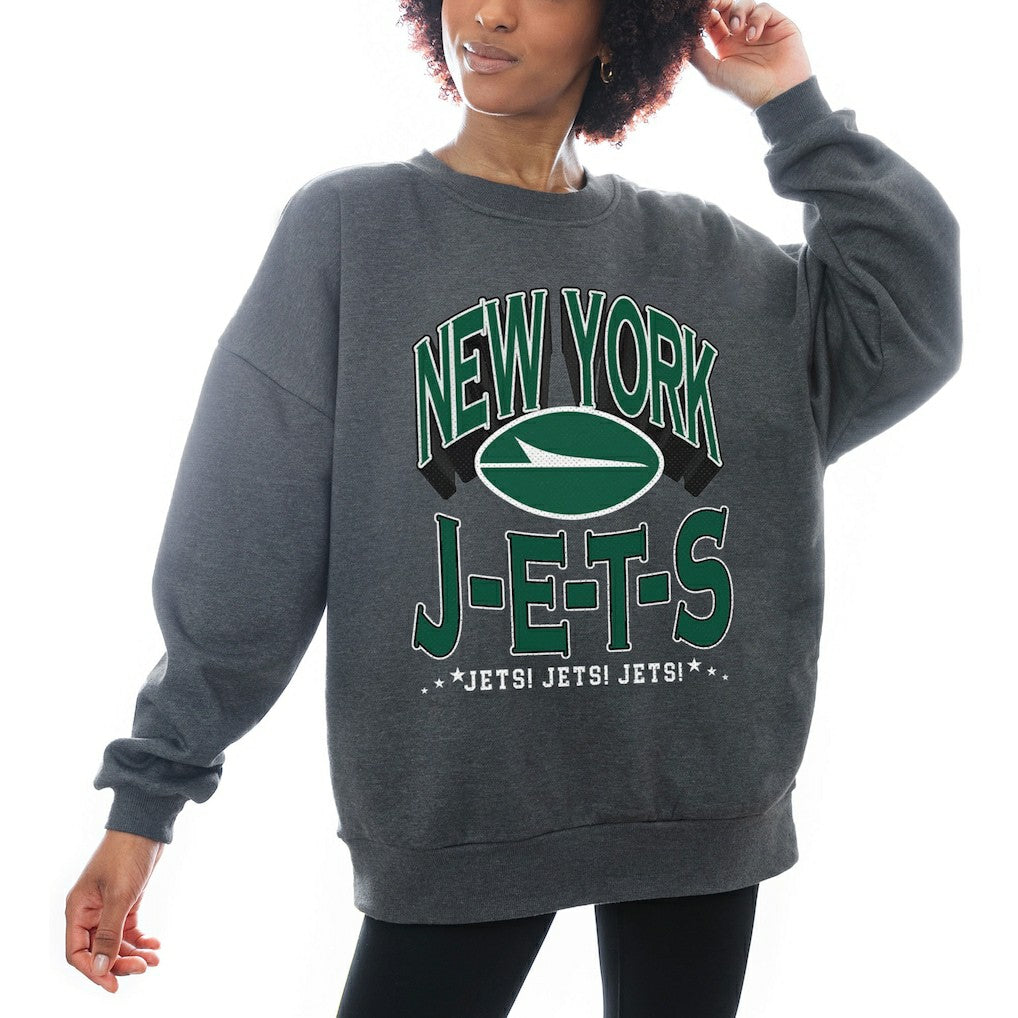 New York Jets Gameday Couture Women's Oversized Long Weekend Premium Fleece Drop Shoulder Pullover Sweatshirt - Charcoal - NFL