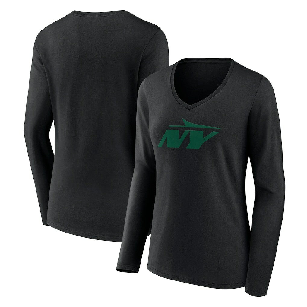 New York Jets Women's Secondary Logo Long Sleeve V-Neck T-Shirt - Black - NFL