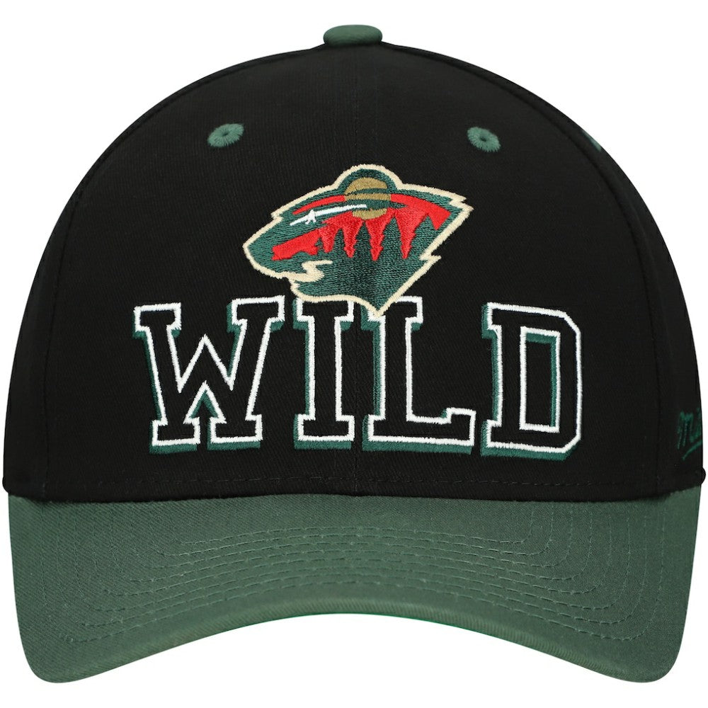 Minnesota Wild Mitchell & Ness Backside Script 2-Tone Pro Crown Adjustable Hat - Black/Green | NHL Lifestyle