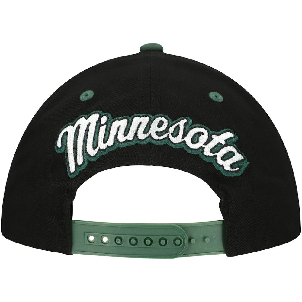 Minnesota Wild Mitchell & Ness Backside Script 2-Tone Pro Crown Adjustable Hat - Black/Green | NHL Lifestyle