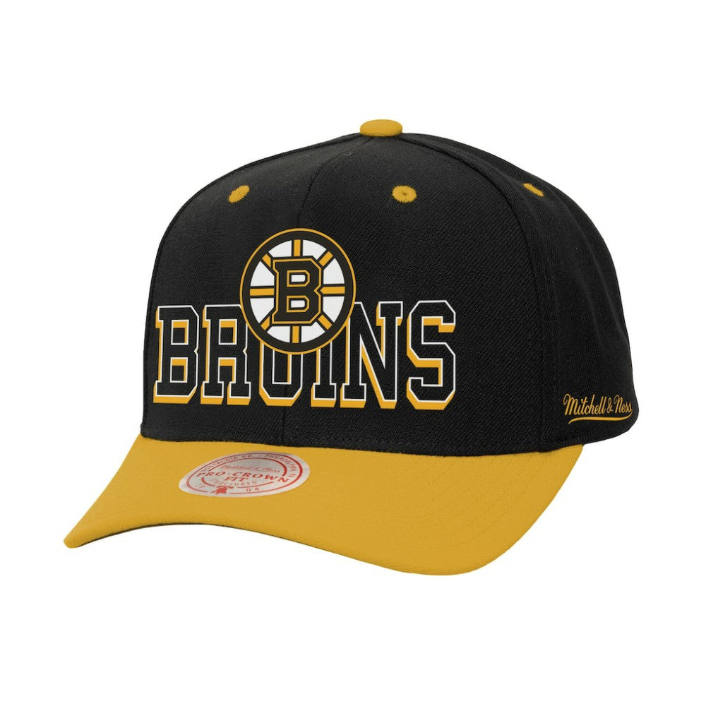 Boston Bruins Mitchell & Ness Backside Script 2-Tone Pro Crown Adjustable Hat - Black/Gold | NHL Clearance