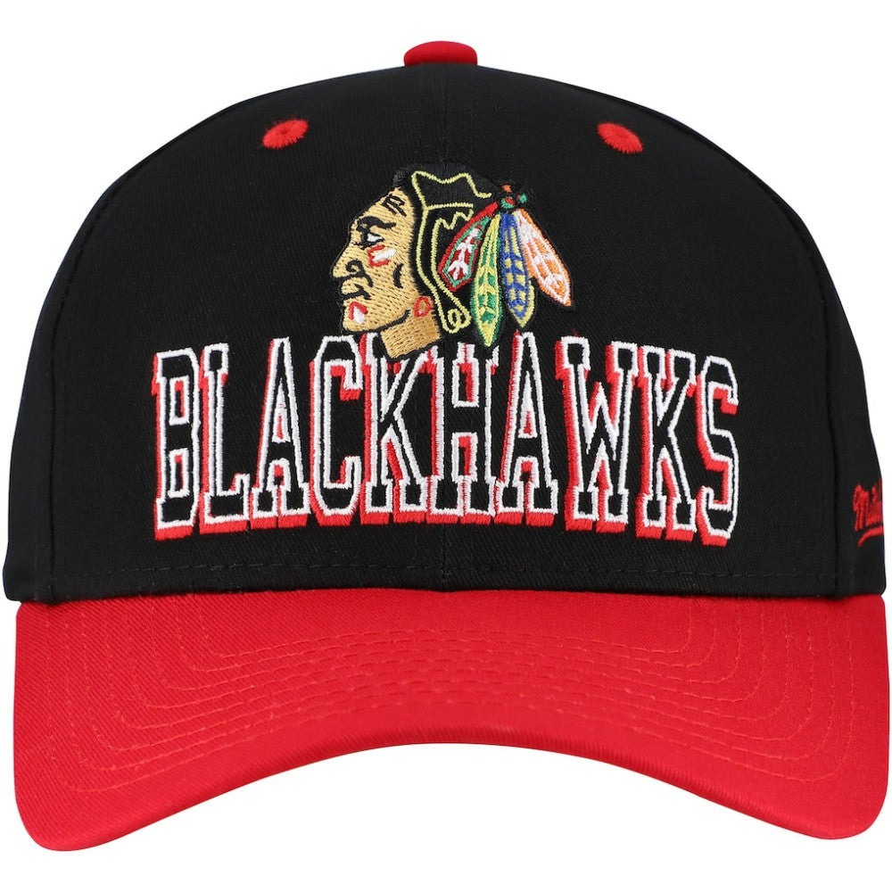 Chicago Blackhawks Mitchell & Ness Backside Script Two-Tone Pro Crown Adjustable Hat - Black/Red | NHL near me