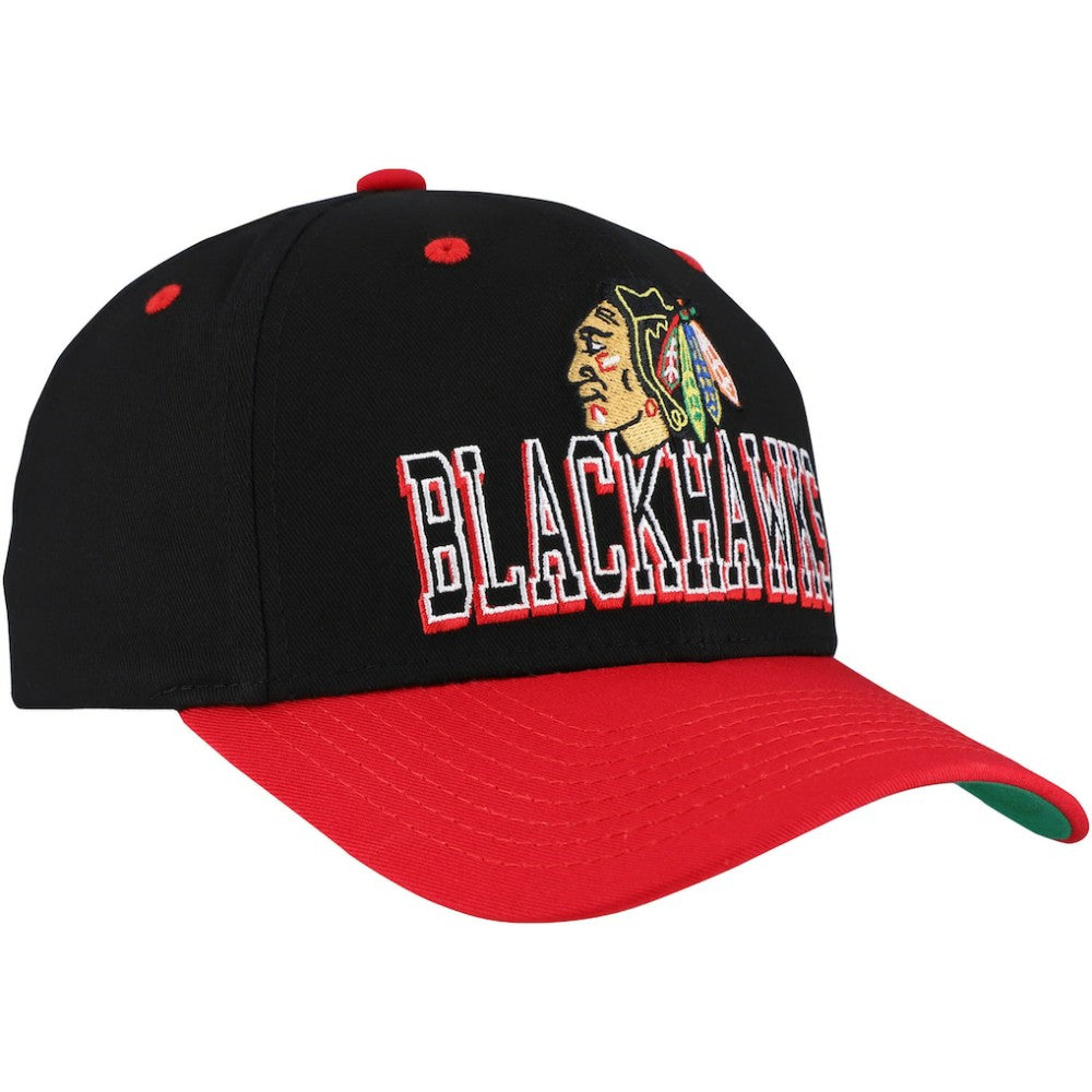 Chicago Blackhawks Mitchell & Ness Backside Script Two-Tone Pro Crown Adjustable Hat - Black/Red | NHL near me