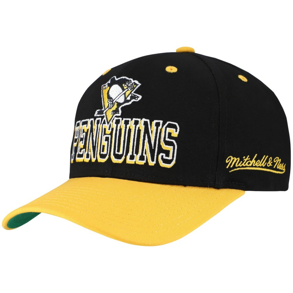 Pittsburgh Penguins Mitchell & Ness Backside Script Two-Tone Pro Crown Adjustable Hat - Black/Gold | NHL Clearance