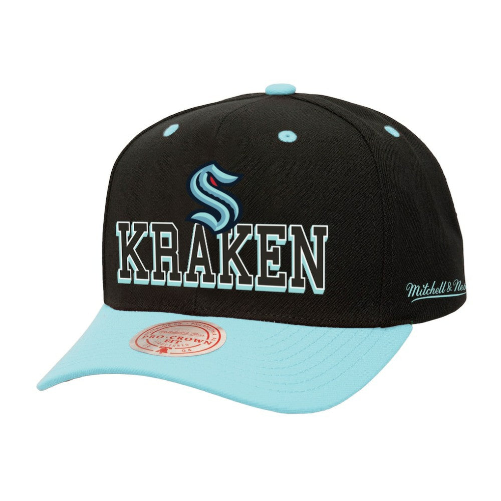Seattle Kraken Mitchell & Ness Backside Script Two-Tone Pro Crown Adjustable Hat - Black/Light Blue | NHL near me