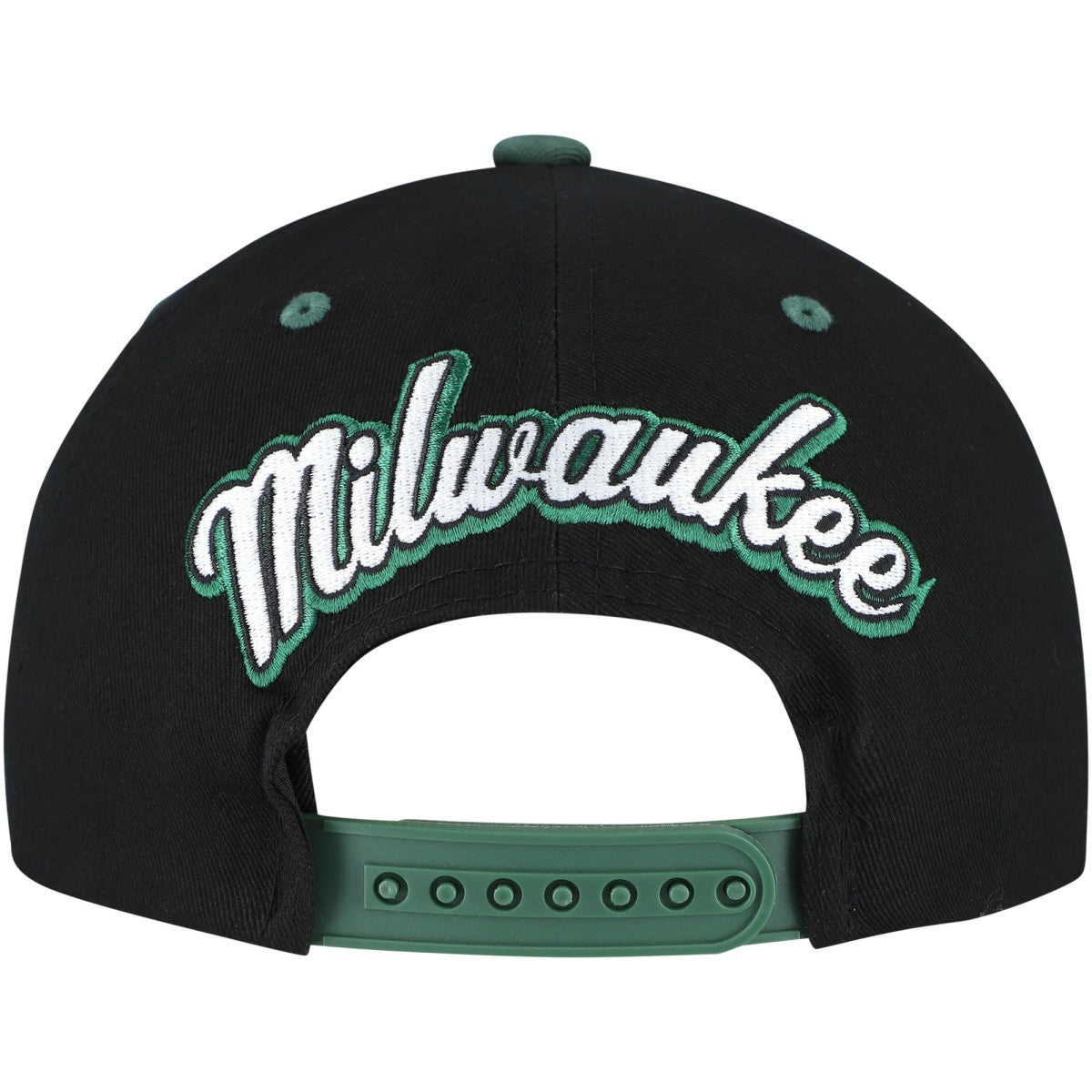 Mitchell & Ness Milwaukee Bucks Backside Script Two-Tone Pro Crown Adjustable Hat Black/Hunter Green