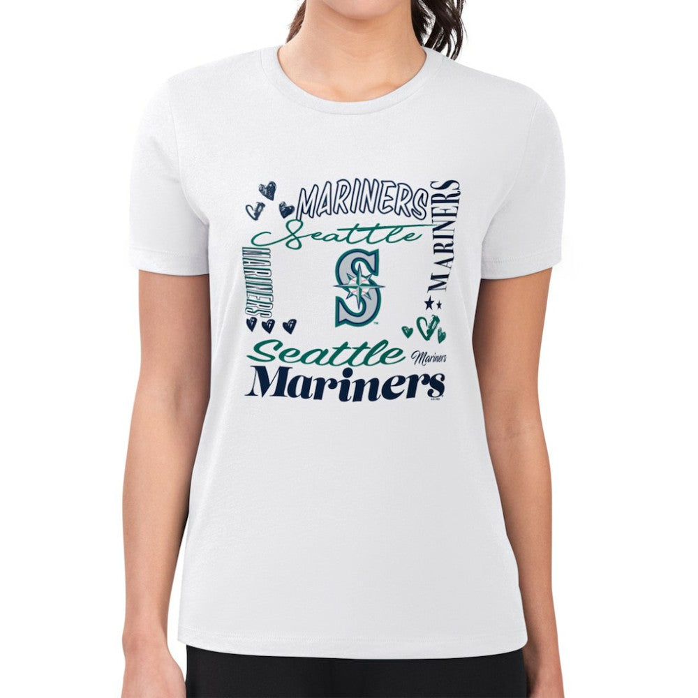 Seattle Mariners G-III 4Her by Carl Banks Women's Super-Slim Fit Lightweight Collage Team Graphic Crew Neck T-Shirt Outlet